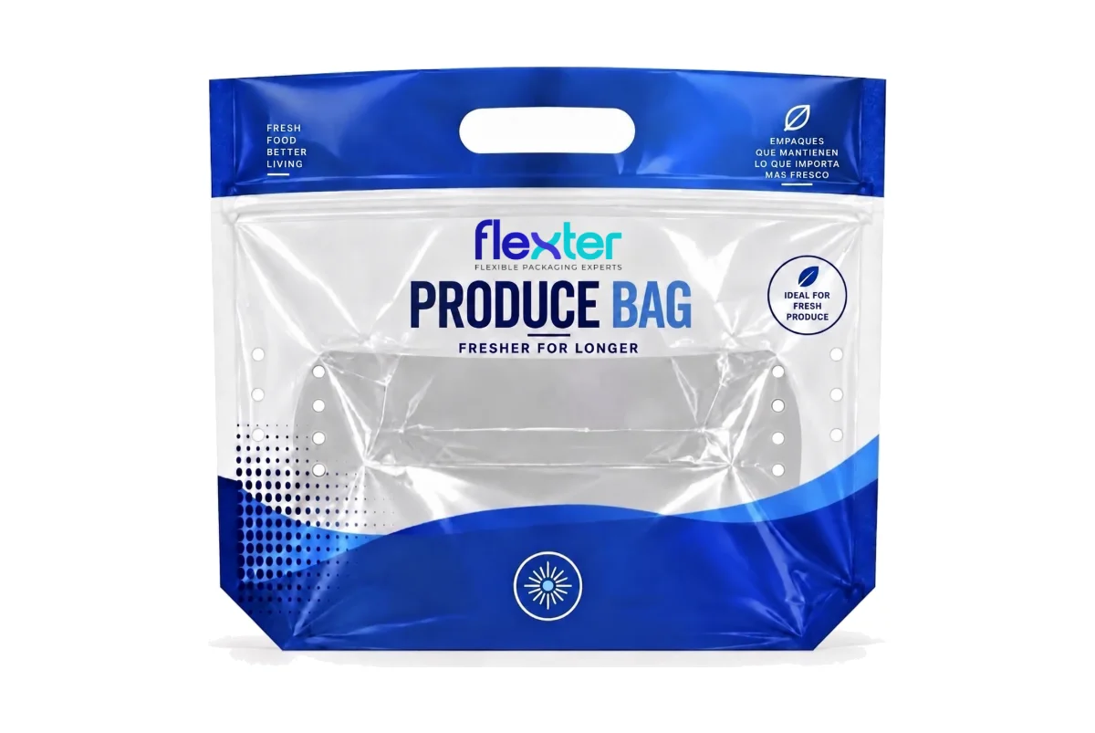 Produce Bag Flexter, bolsa PET/PE microperforada con zipper para frutas y verduras