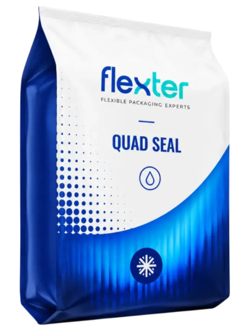 Bolsa Quad Seal Flexter, Bolsa con fuelles laterales y cuatro sellos verticales en esquinas.